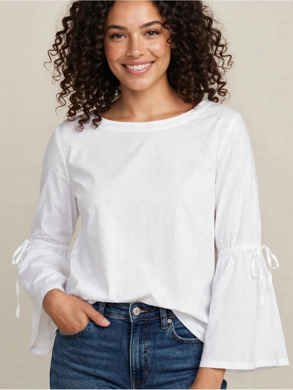 LOFT White Tie Bell Sleeve Blouse Boat Neck L - Elastic Elbow